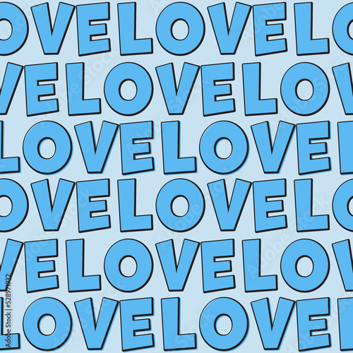 Blue background with the word love, a seamless pattern with large letters