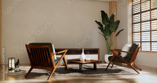 Cabinet room wooden interior wabisabi and armchair sofa and decoration japanese style.3D rendering