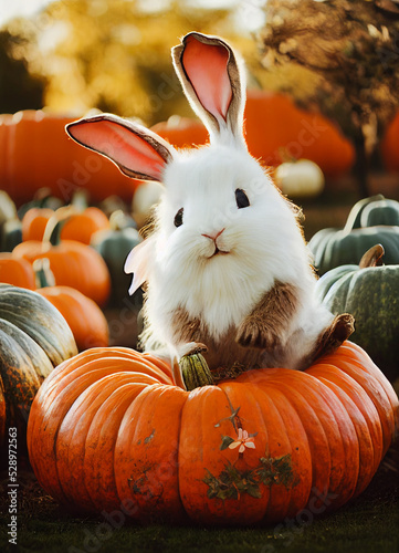cute adorable rabbit sits on a big pumpkin in a pumpkin field