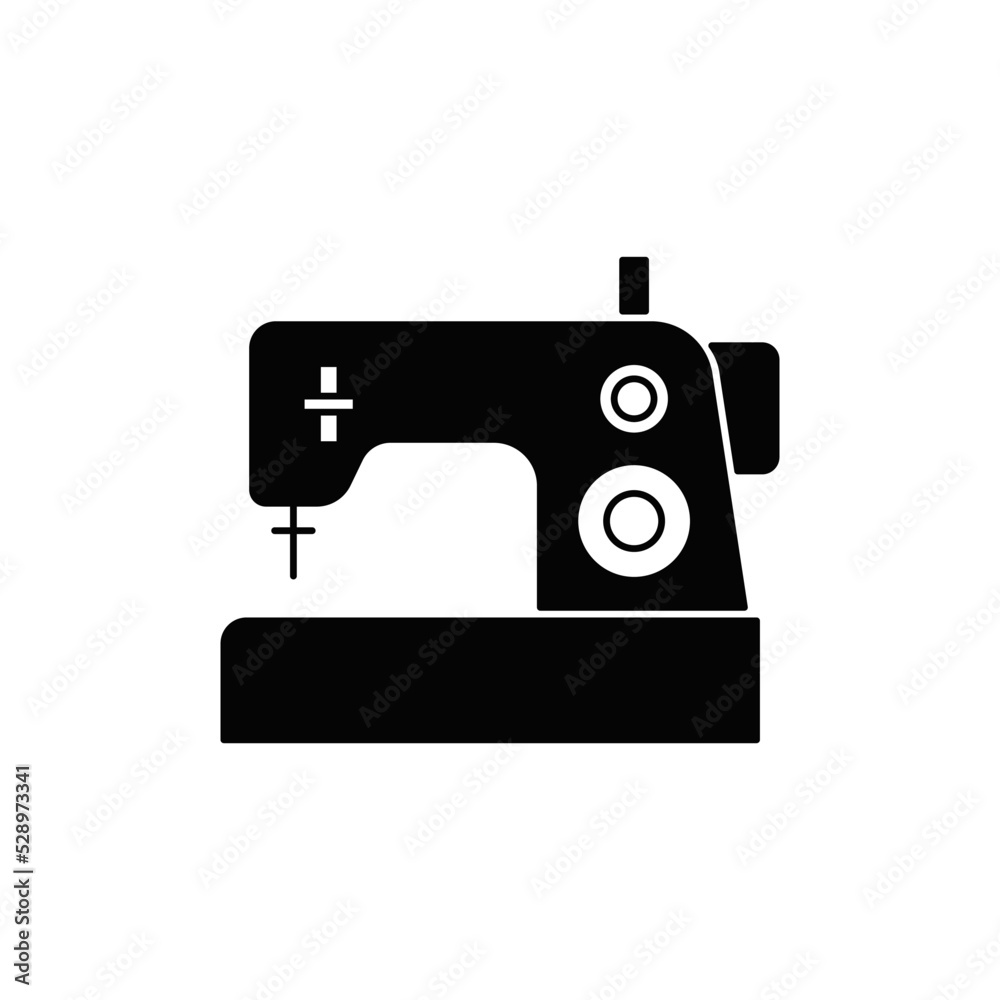 Sewing machine icon in black flat glyph, filled style isolated on white background