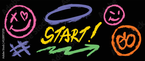 Set of graffiti spray pattern. Collection of colorful symbols, arrow, text, smile, hashtag and stroke with spray texture. Elements on black background for banner, decoration, street art and ads.