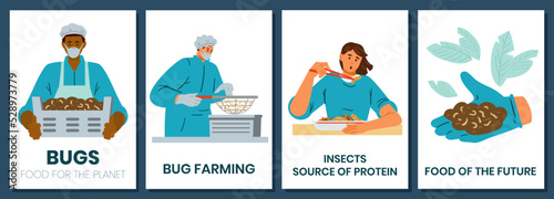 Bug farming set of vector cards. People eating, holding and harvesting insects. Alternative food concept.