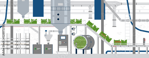 Automated bug farm interior with no people flat vector illustration. Insect farming equipment, conveyor, boxes, pipes.