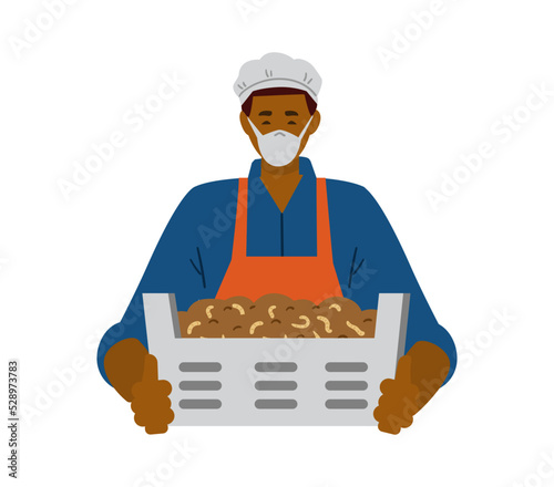 Bug farm. African american man in mask and gloves holding box with yellow mealworms vector illustration isolated on white. Edible insects.