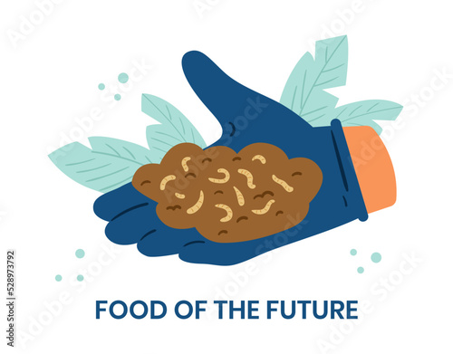 Insects food of the future vector concept banner. Hand in glove holding dirt with mealwarms.
