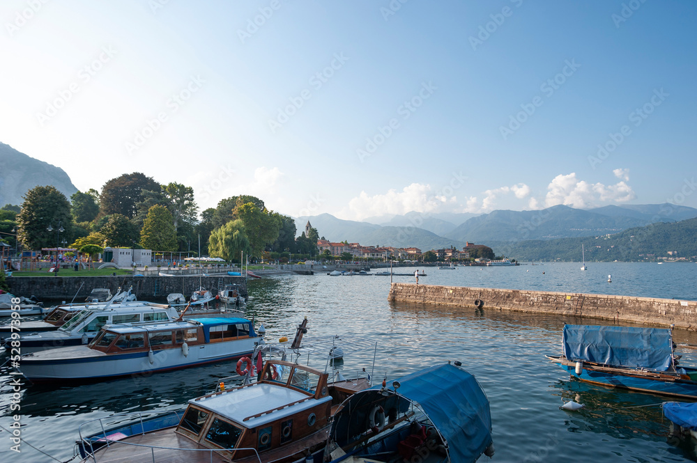 Cityscape at the port of Baveno and Lake Maggiore
