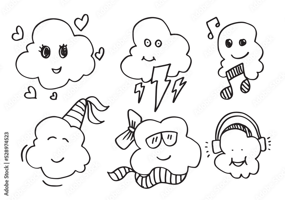 hand drawn kawaii  clouds doodle cartoon designs for wallpaper, stickers, coloring books, pins, emblems Isolated on white background. Vector illustrations.