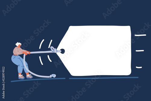 Cartoon vector illustration of woman pulling big banner
