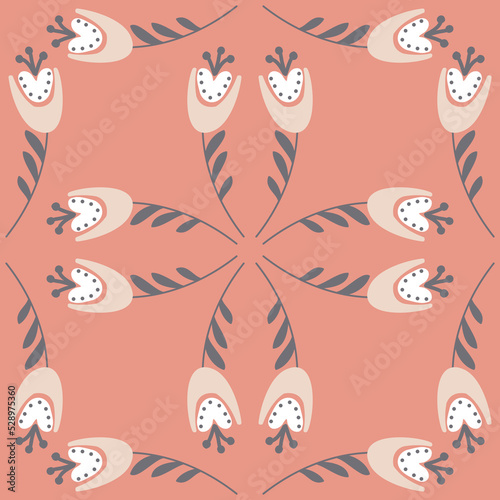 Pink flower gray pastel color seamless pattern, bellflower campanula wild flower