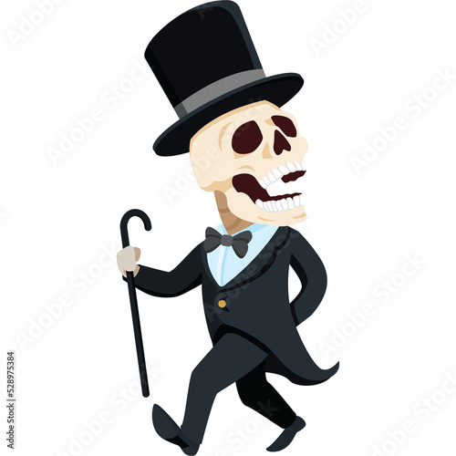 Skeleton ghost wearing a suit holding a walking stick in halloween fancy to go trick or treating cartoon character png file.