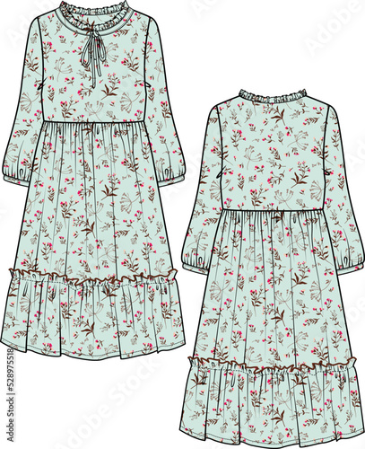 WOMEN AND GIRLS WEAR LONG CHIFFON WOVEN DRESS FRONT AND BACK VECTOR SKETCH