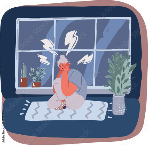 Cartoon vector illustration of Unhappy woman touching hair, sitting on floor at home, thinking about problems, upset girl feeling lonely and sad, psychological and mental troubles,