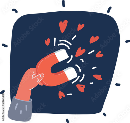 Cartoon vector illustration of hand holding magnet and magnetizing likes symbol. Concept of social media, influence, popularity.