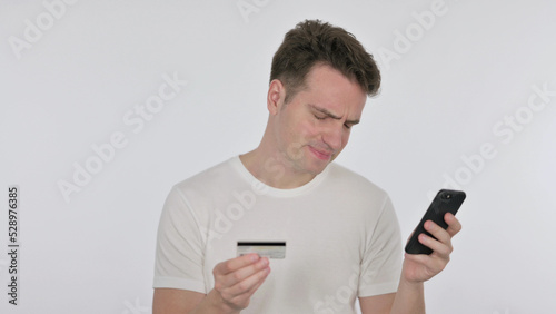 Online Shopping Failure on Smartphone for Young Man on White Background © stockbakers