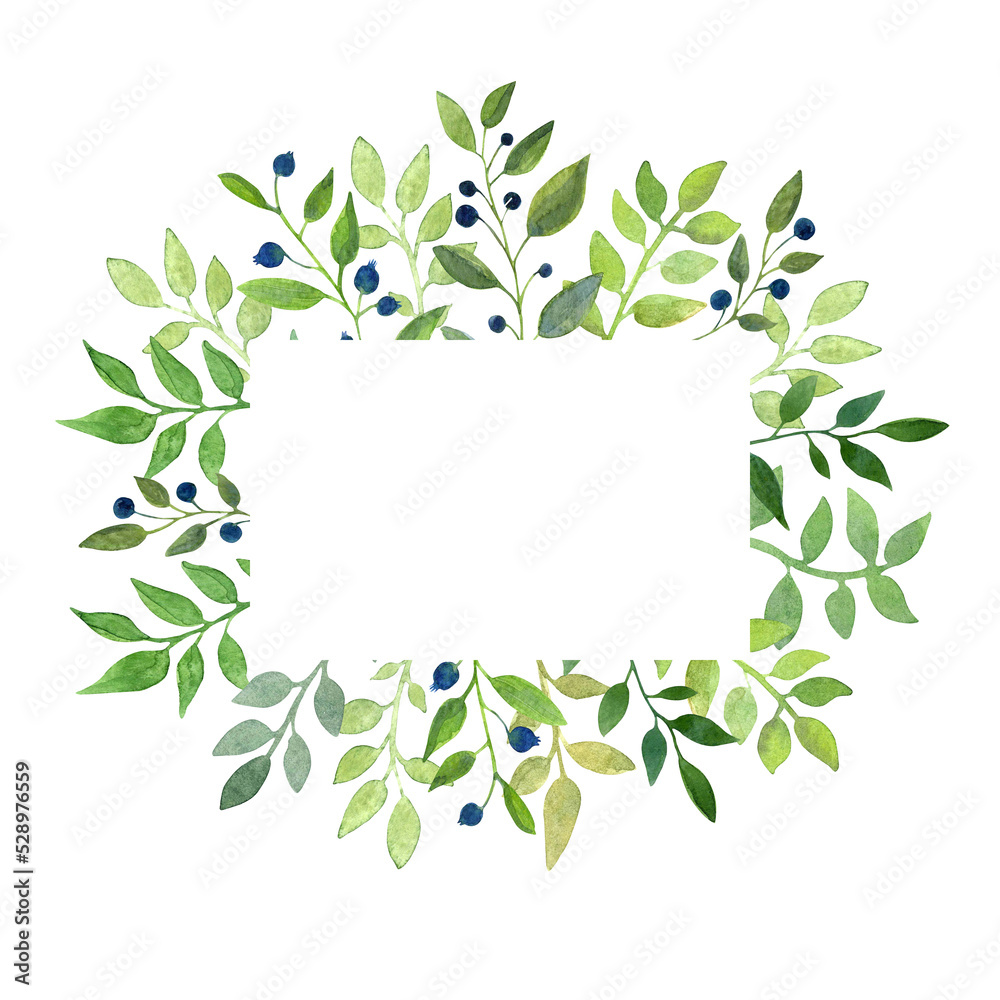 Watercolor hand drawn frame with green leaves and wigs and blue berries. Perfect for invitations and cards.