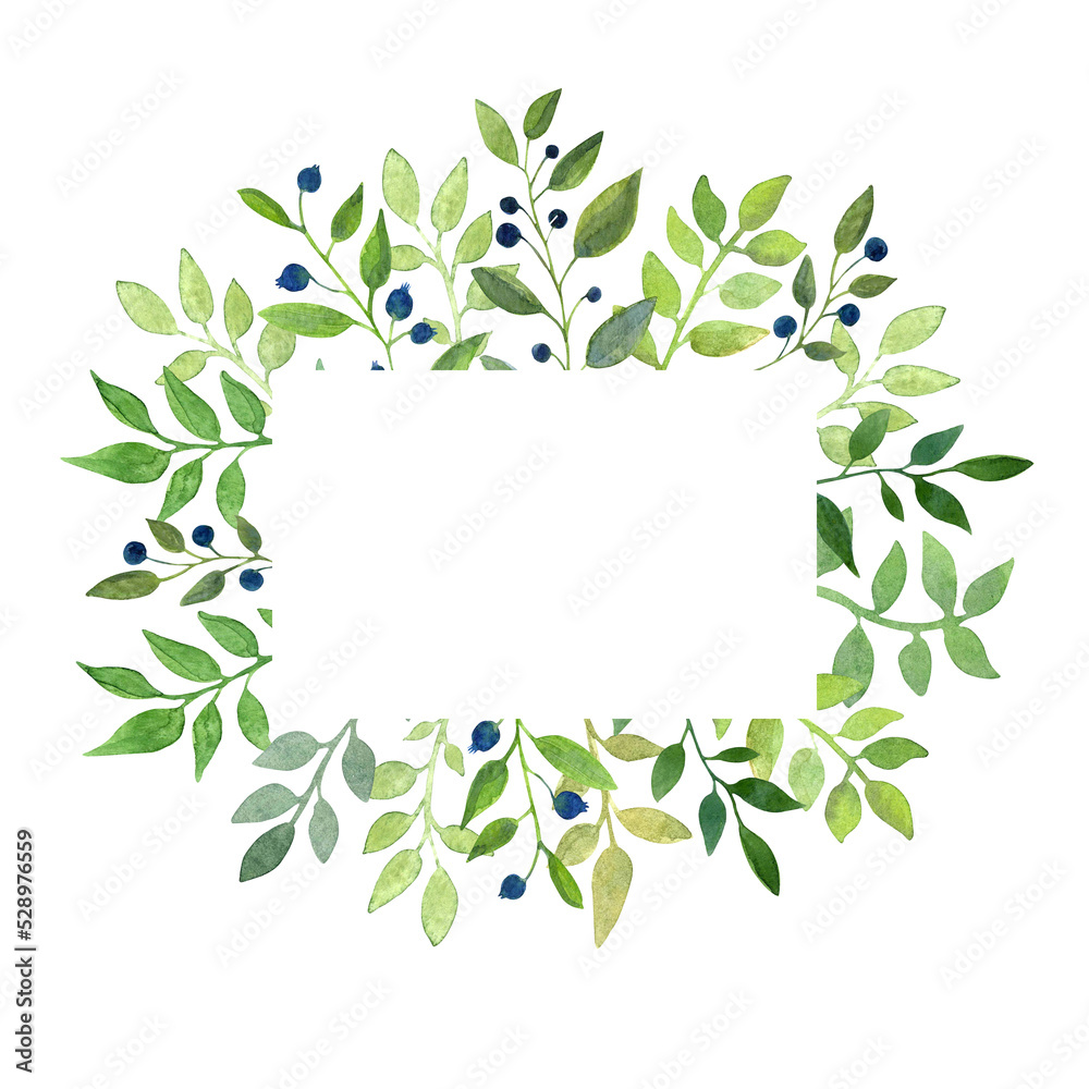 Watercolor hand drawn frame with green leaves and wigs and blue berries. Perfect for invitations and cards. Watercolor hand drawn frame with green leaves and wigs and blue berries. Perfect for invitations and cards.