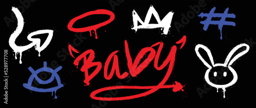 Set of graffiti spray pattern. Collection of colorful symbols, text, crown, rabbit, eye, arrow and stroke with spray texture. Elements on black background for banner, decoration, street art and ads.