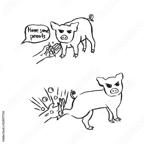 Hand-drawn  illustration of idiom Don't cast pearls before swine