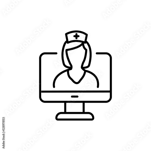 Virtual doctor and telemedicine concept editable stroke outline icon isolated on white background flat vector illustration.