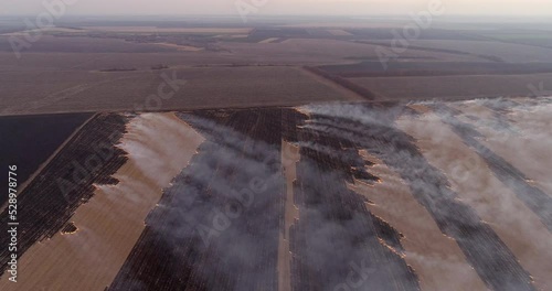 Arson. Agriulture competition. Burning crops. Aerial shot of smoke rising above fields photo