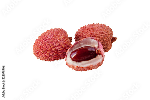 Three tropical exotic lychee fruits group closeup isolated transparent png. Litchi chinensis whole and peeled. photo