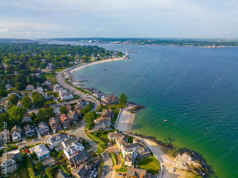 Pequot Point Beach and New London Harbor Lighthouse at the mouth of Thames River in city of New London, Connecticut CT, USA. 