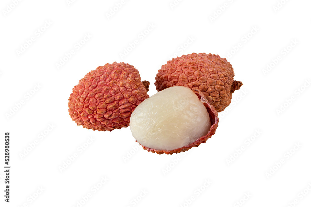 Three lychee fruits group closeup isolated transparent png. Litchi chinensis whole and peeled. Three lychee fruits group closeup isolated transparent png. Litchi chinensis whole and peeled.
