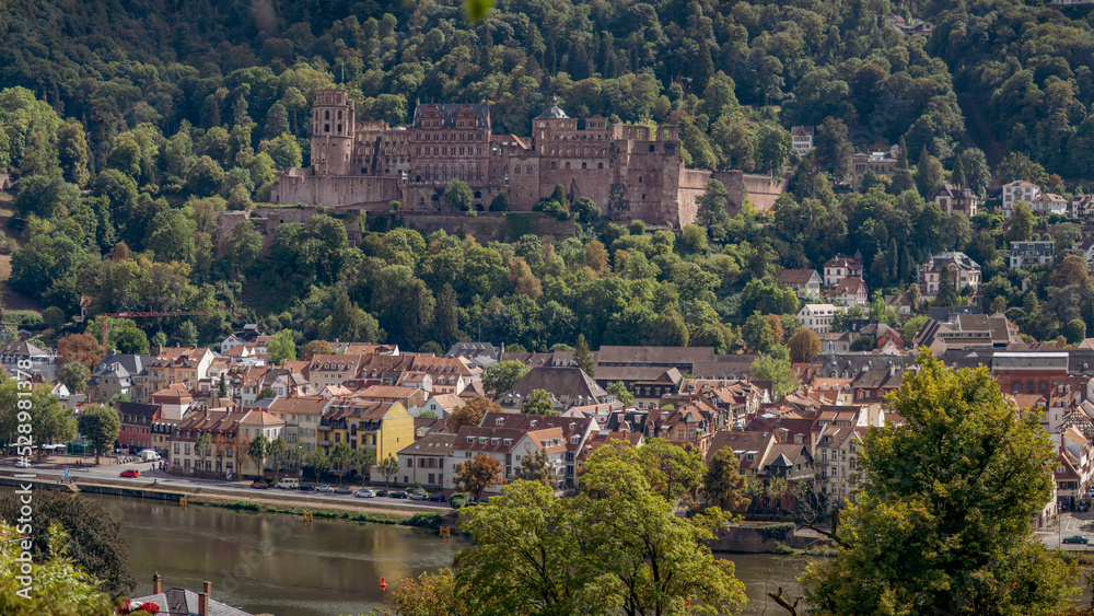 panoramic view of Heidelberg from the Philosophenweg - old town of Heidelberg with the castle and the Old Bridge, Baden Wuerttemberg, Germany