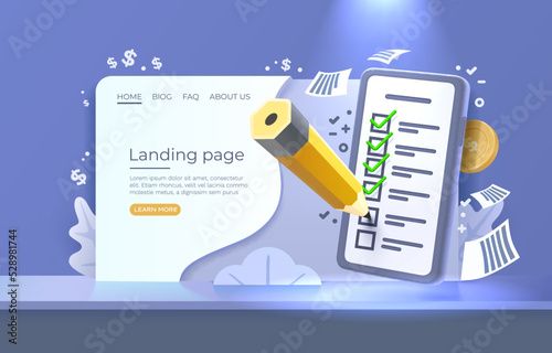 Landing page mobile document check list service, organization management, Smartphone mobile screen, technology mobile display. Vector 
