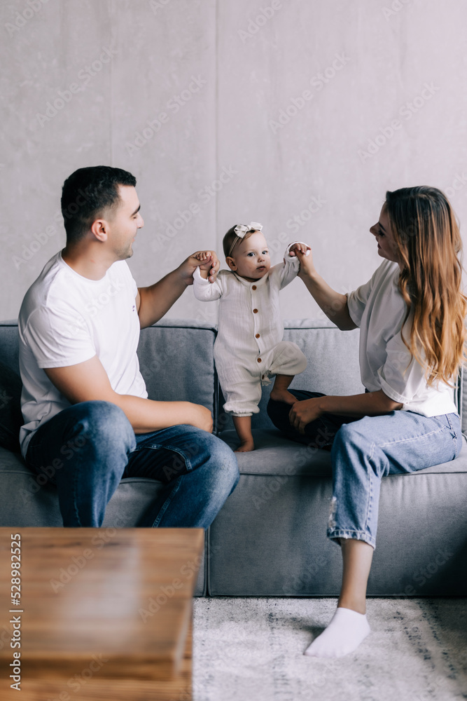 Young cheerful family happy positive smile mommy daddy daughter laugh ...