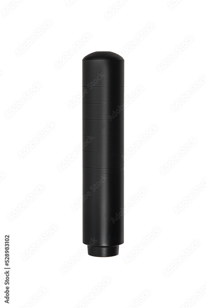 Black silencer for weapons. Suppressor that is at the end of an assault rifle. Isolate on a white back. Black silencer for weapons. Suppressor that is at the end of an assault rifle. Isolate on a white back.