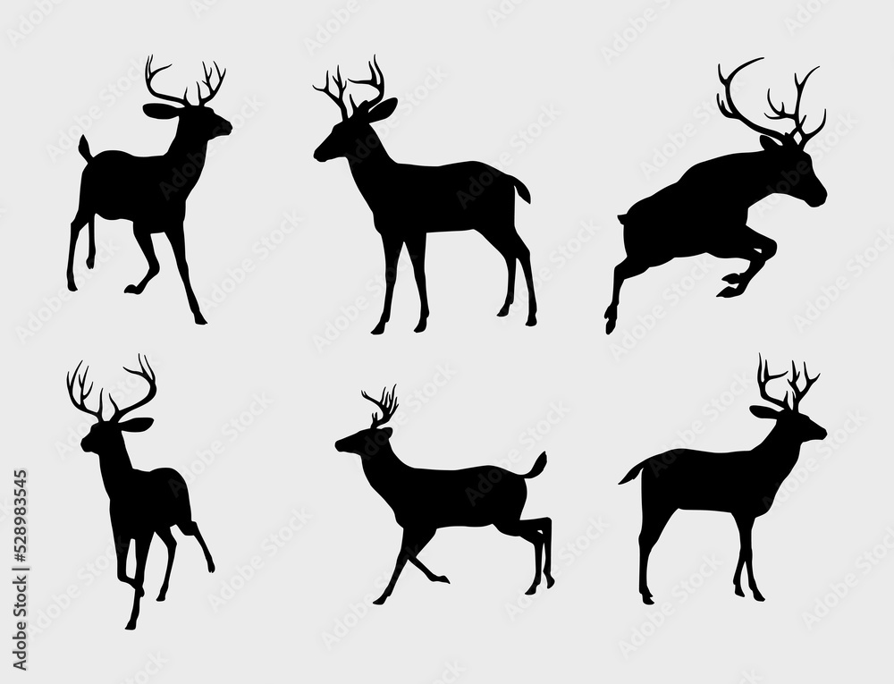 deer silhouette set, Graphic black silhouettes of wild deerS deer silhouette set, Graphic black silhouettes of wild deerS