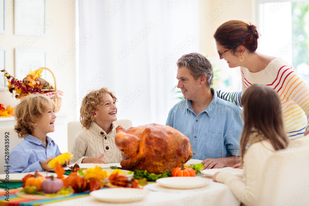 Thanksgiving family dinner. Roasted turkey meal.