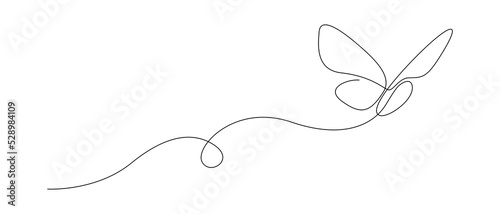 Butterfly in One continuous line drawing. Beautiful flying moth for wellbeing beauty or spa salon logo and divider concept in simple linear style. Editable stroke. Doodle vector illustration