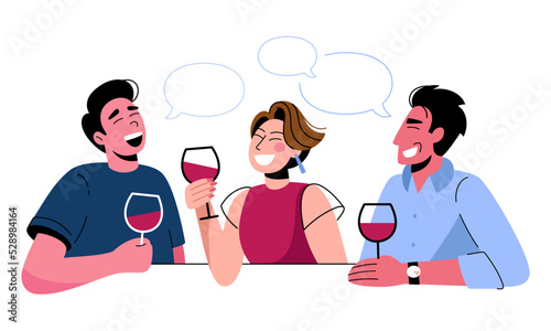 Friends met in a bar, talking, drinking wine, laughing and having a good time. Vector illustration of a company of people