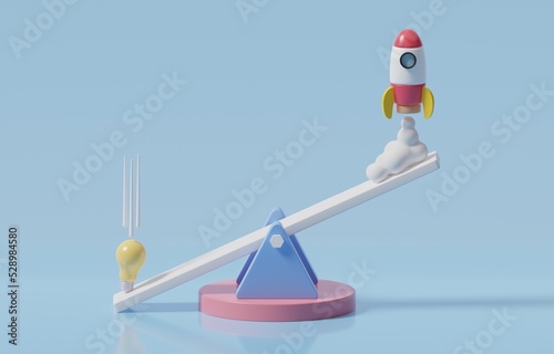 Light bulb falling on seesaw to boost rocket soaring high, creativity or innovative idea to start business, startup concept, 3d render illustration.