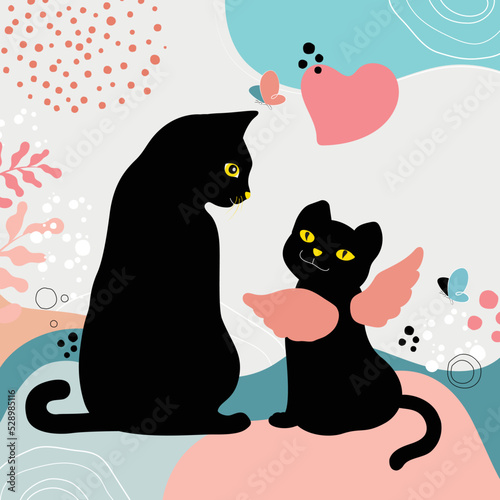 Black Angel Cat and Handsome Cat showing love in the Heaven that looks warm with love.