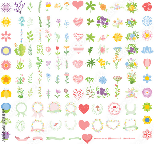 Set of wedding graphic set- wreath, flowers, arrows, hearts, laurel, ribbons and labels, hand drawing vector illustration