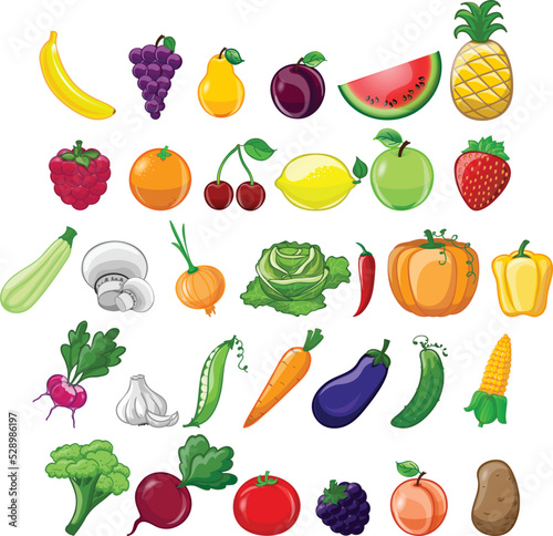 Cartoon fruits and vegetables. Broccoli  carrot  cabbage  beetroot  kiwi  apricot  mango. Fresh organic vegetable  fruit slices vector set. Organic healthy food for market 