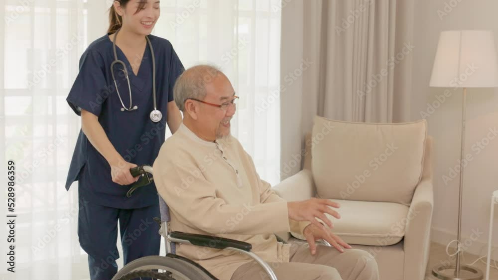 Cancer senior patients in wheelchairs undergo rehabilitation care in