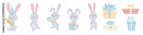 Flat vector illustration. Holiday bunnies, bunnies with gifts on white background, gift boxes. Collection of illustrations for New Year or birthday 