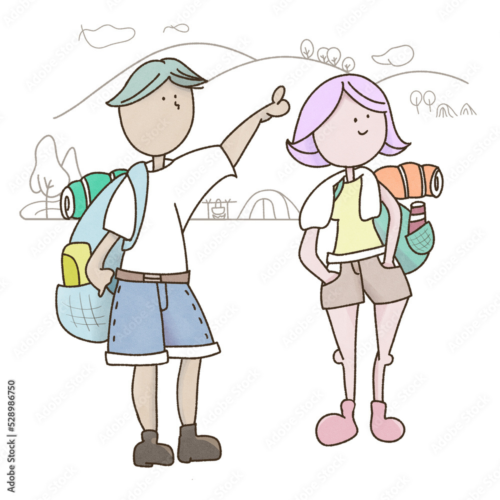 キャンプの風景とキャンプの装備をした若い男女二人 キャンプの風景とキャンプの装備をした若い男女二人