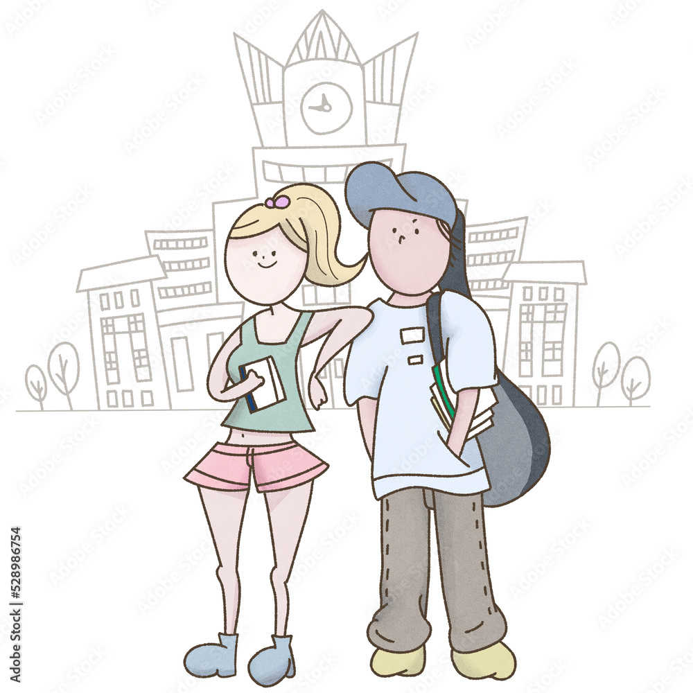 大学の風景と学生の男女二人 大学の風景と学生の男女二人