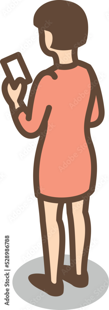 Obraz premium Woman looking on phone screen. Isometric person back view