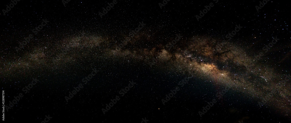 Fototapeta premium Panorama blue night sky milky way and star on dark background.Lots of stars in the night sky.with noise and grain.Photo by long exposure and select white balance.