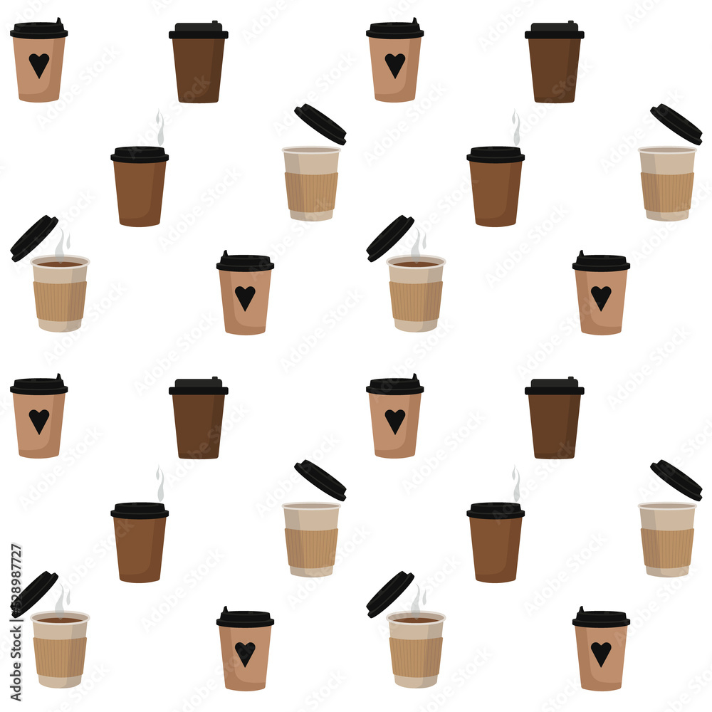 Seamless pattern of cardboard coffee cups in a flat style on a white background. For wallpaper, wrapping paper, screensavers Seamless pattern of cardboard coffee cups in a flat style on a white background. For wallpaper, wrapping paper, screensavers