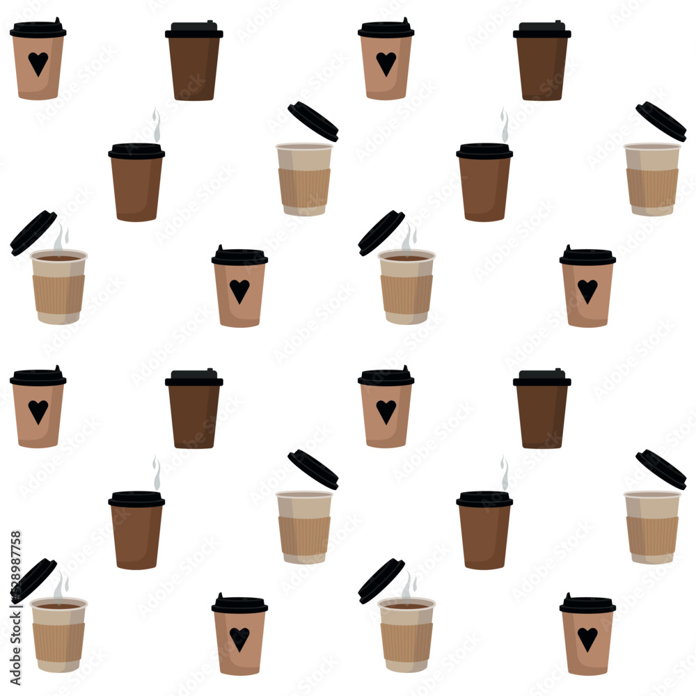 Seamless pattern of cardboard coffee cups in a flat style on a white background. For wallpaper, wrapping paper, screensavers Seamless pattern of cardboard coffee cups in a flat style on a white background. For wallpaper, wrapping paper, screensavers