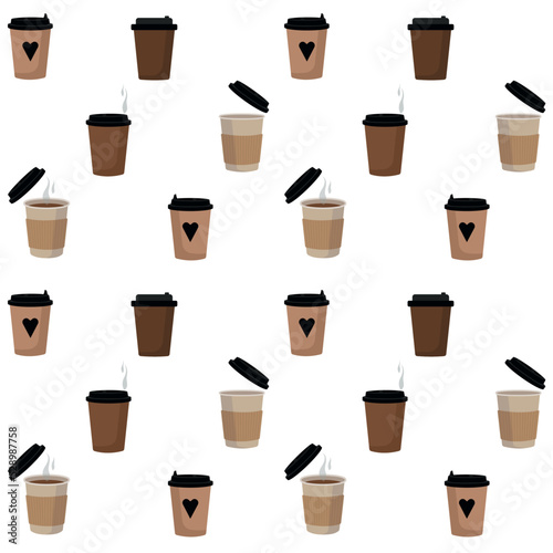 Seamless pattern of cardboard coffee cups in a flat style on a white background. For wallpaper, wrapping paper, screensavers
