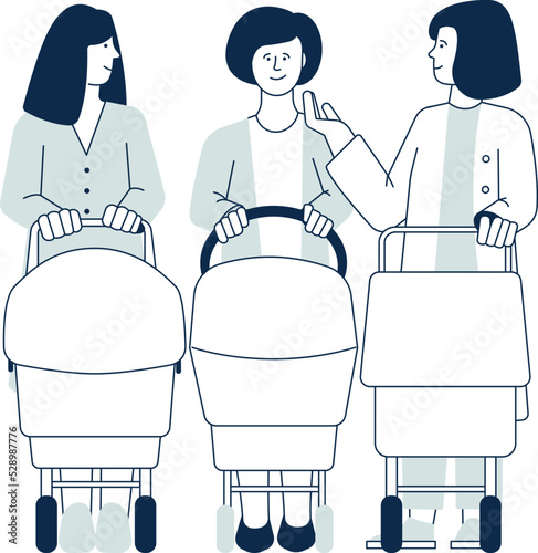 Young moms talking and walking together. Women with strollers