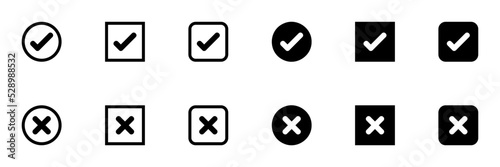 Conjunto de iconos de verificación de aprobación. Concepto de positivo y negativo. X y visto. visto. Ilustración vectorial	